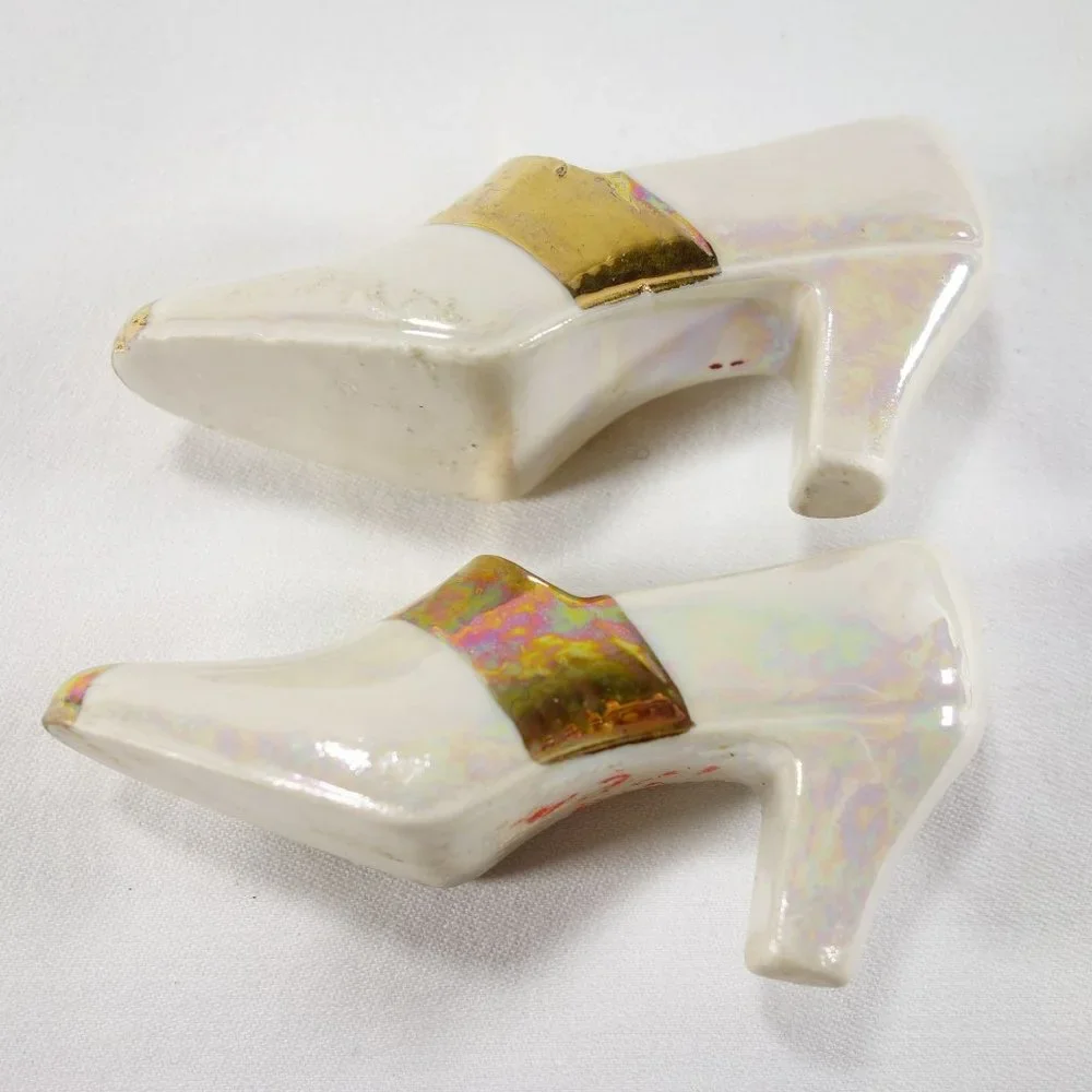 Vintage Collectible Pair of Lustre Porcelain Miniature High Heel Shoes Gold Trim